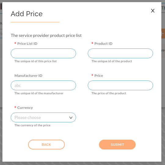 image of the add price page
