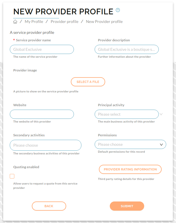 image of the create provider profile page