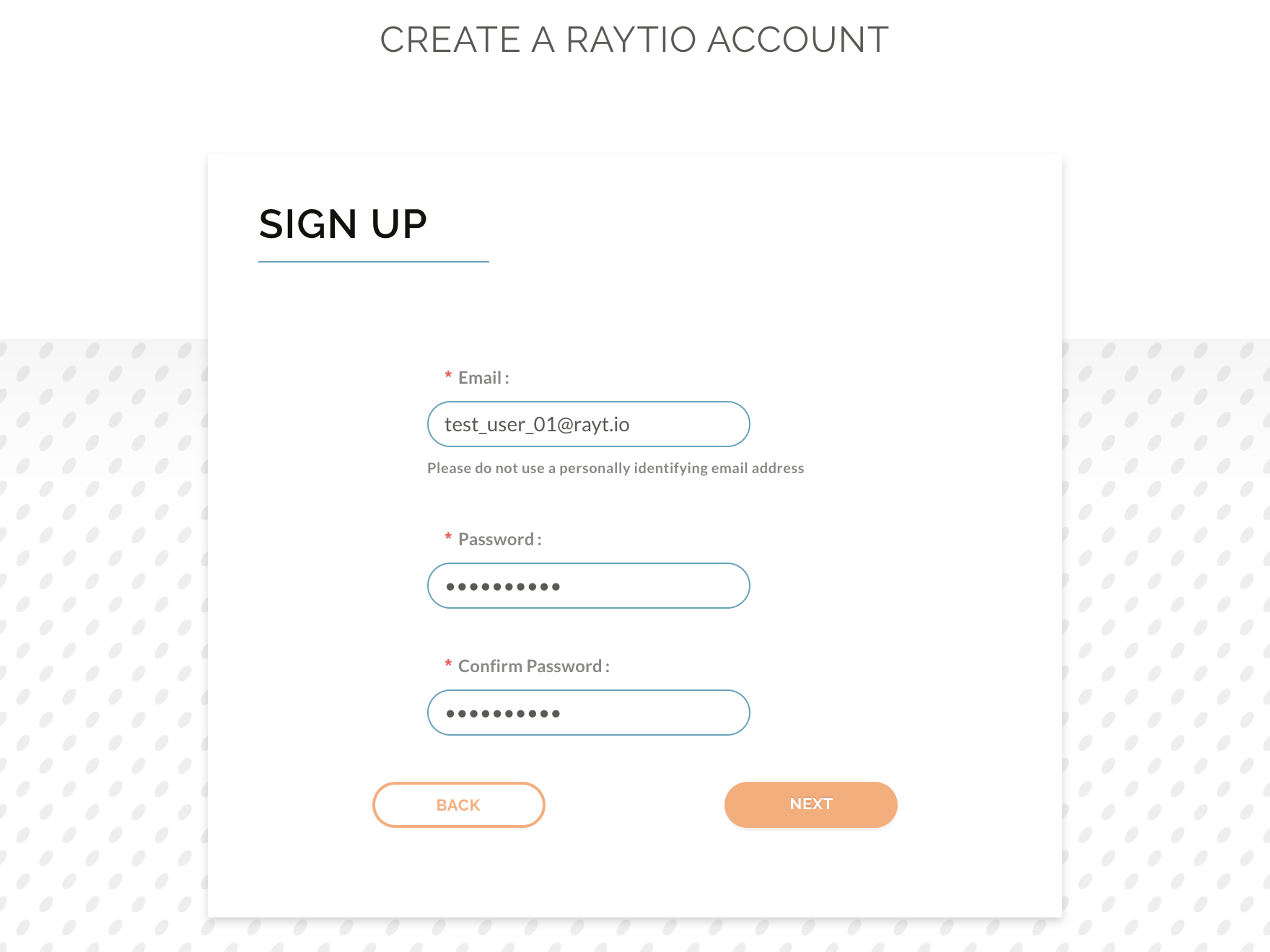 Image of the sign up screen